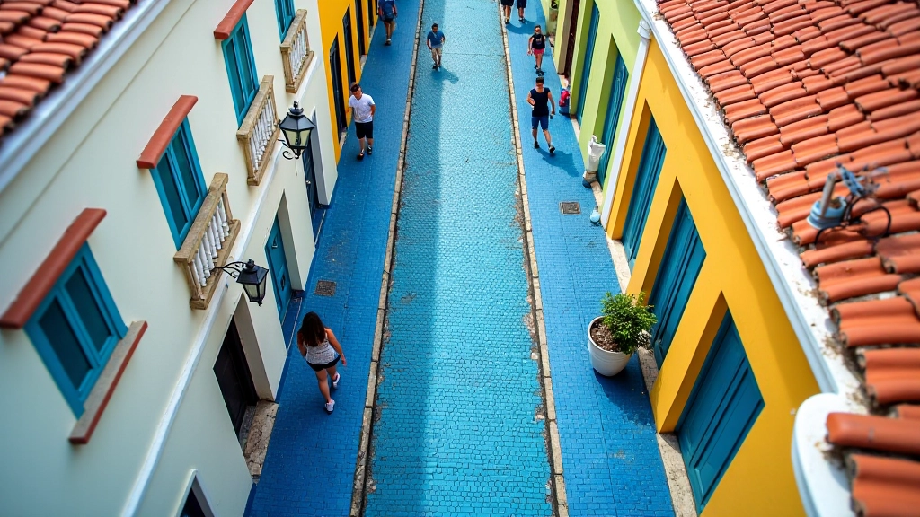 Vista aérea de calles del Viejo San Juan mostrando el patrón de adoquines azules desde arriba, edificios coloniales coloridos alrededor