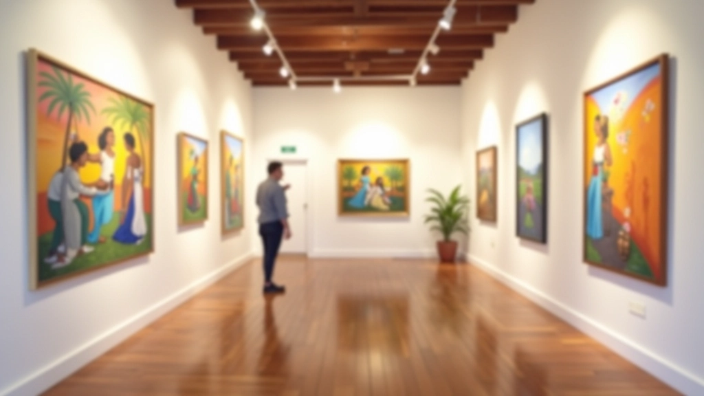 Galería de arte con obras de pintura colorida en paredes blancas y piso de madera colonial