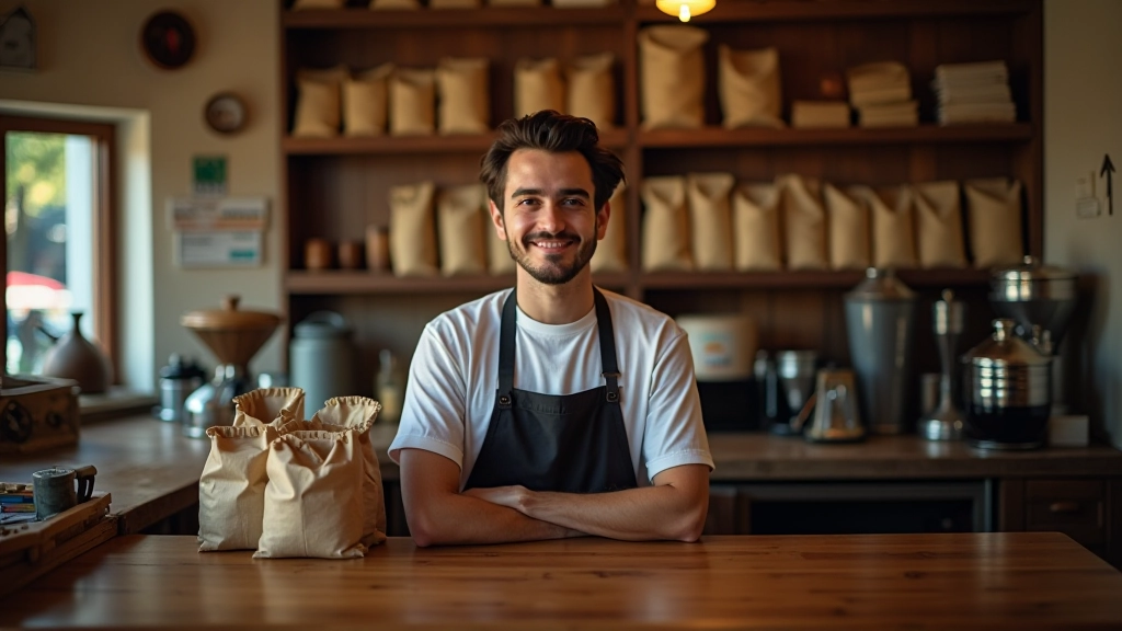 Interior de tienda de café artesanal con sacos de café, máquinas vintage y estantes de productos locales