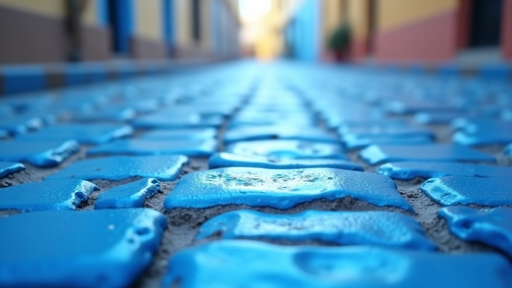 Detalle cercano de adoquines azules en la calle, mostrando la textura y el patrón tradicional de colocación