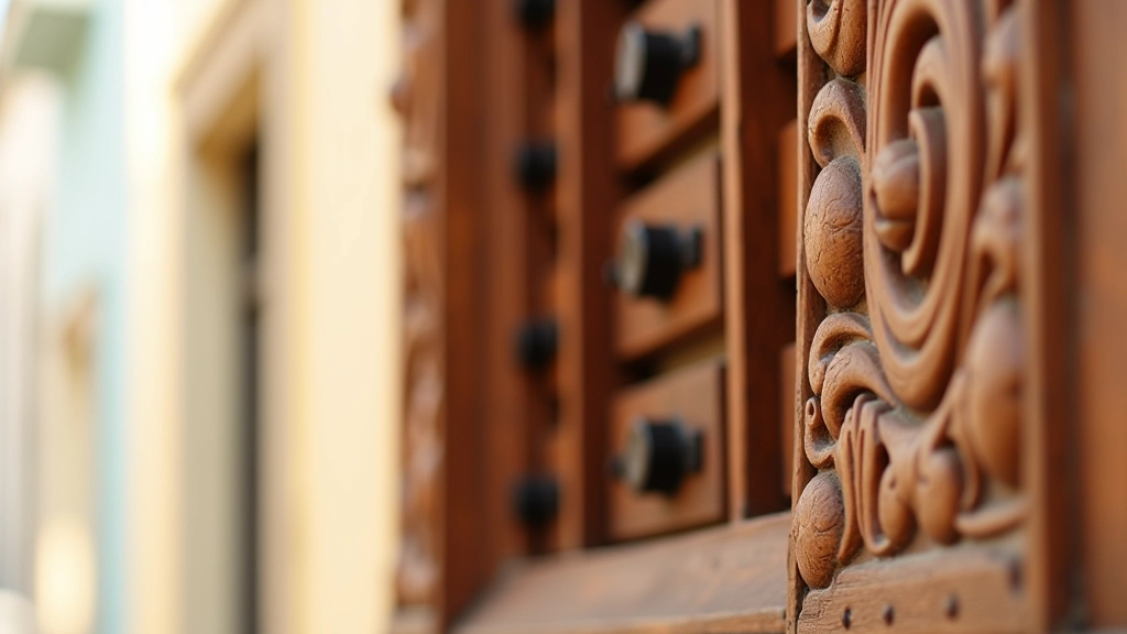Detalle de una ventana colonial de madera tallada con marcos ornamentales tradicionales