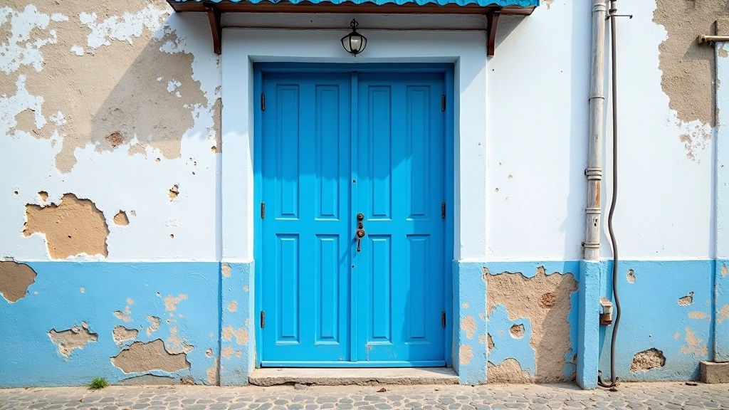 Puerta colonial azul en edificio de piedra del Viejo San Juan con adoquines visibles en la entrada