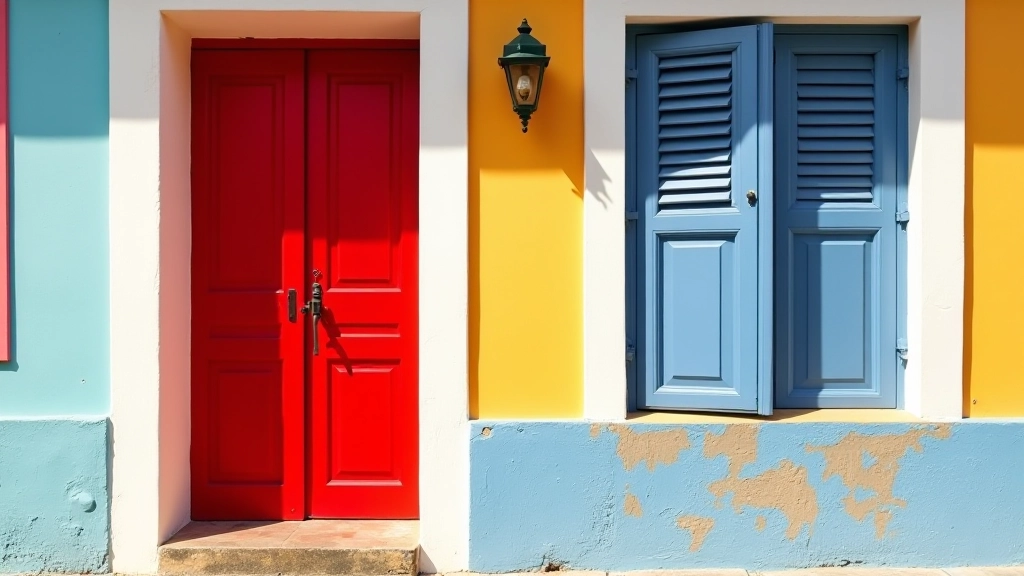 Fachada colorida de una casa colonial con puerta roja y ventanas de madera