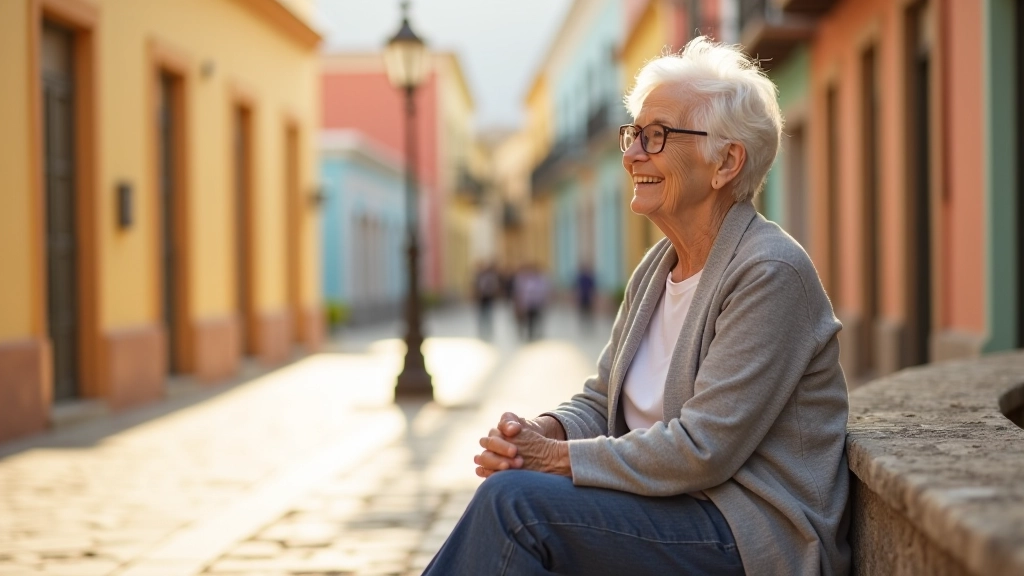 Persona mayor sentada en banco de piedra en plaza colonial, disfrutando de la vista y el aire fresco del Viejo San Juan