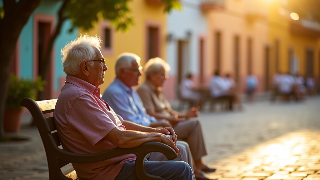 Grupo de personas mayores descansando en una plaza histórica del Viejo San Juan, compartiendo conversación