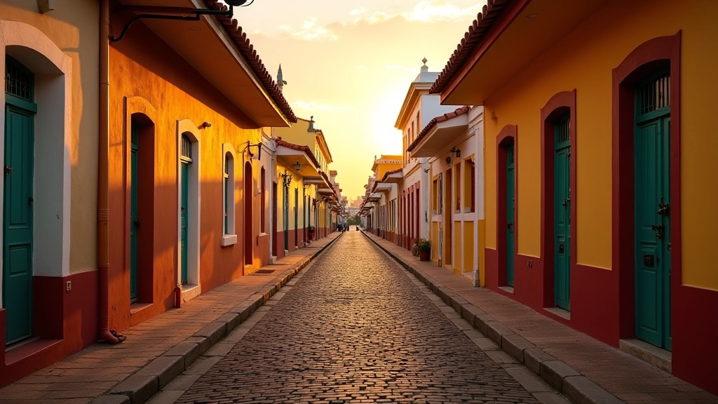 Calle empedrada del Viejo San Juan con arquitectura colonial colorida al atardecer