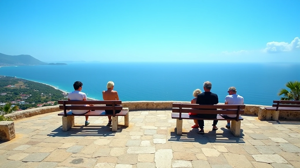 Mirador de San Felipe del Morro con vistas del océano, bancos históricos, personas descansando, cielo despejado