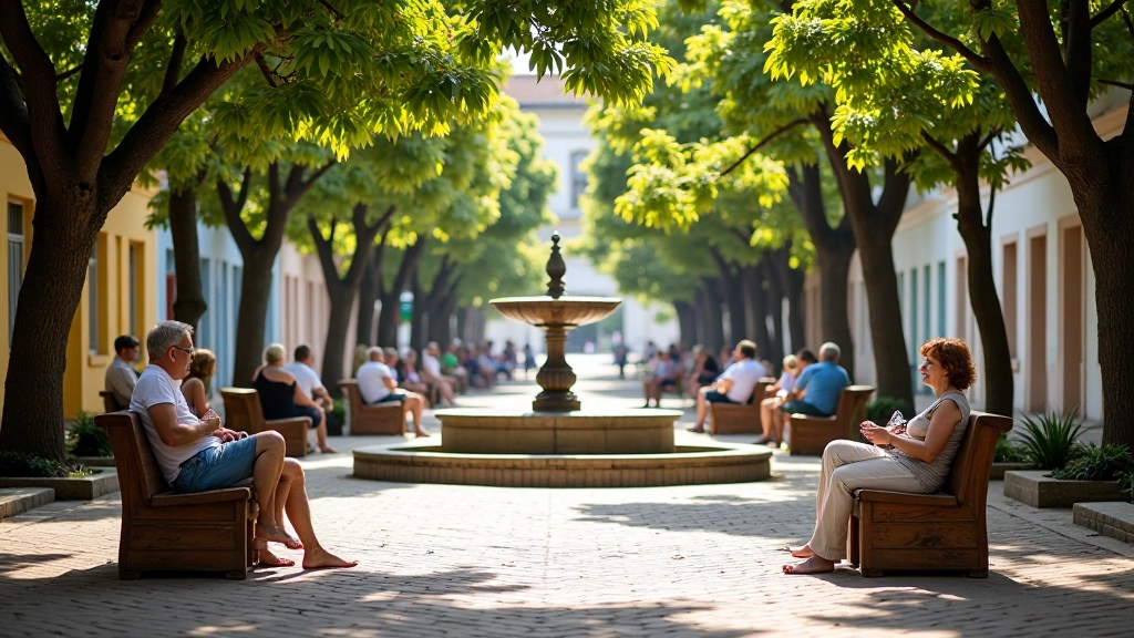 Plaza con fuente, bancos de descanso y personas mayores disfrutando del ambiente