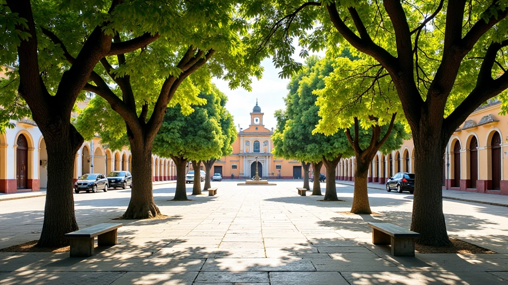 Plaza Mayor del Viejo San Juan con bancos de descanso bajo árboles frondosos, catedral de fondo, luz natural suave