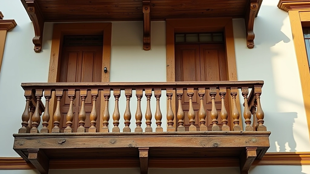 Balcón colonial tradicional con barandilla de madera tallada y puerta de entrada decorativa en tonos verdes y dorados