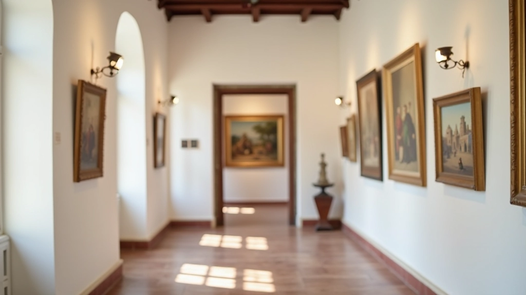 Pasillo interior de galería de arte colonial con cuadros y esculturas de artistas locales