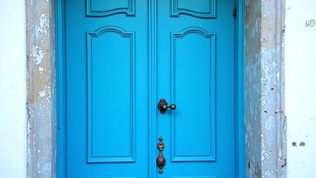 Puerta colonial pintada en azul intenso con marco de madera tallada y clavos decorativos de hierro antiguo