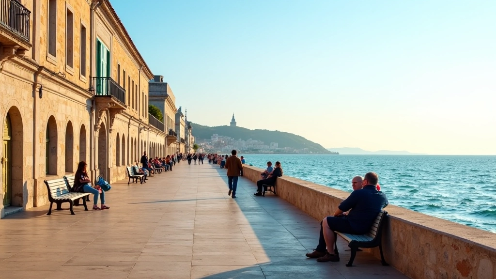 Mirador del Paseo de la Princesa con vista panorámica del océano Atlántico, personas descansando en bancos, puesta de sol