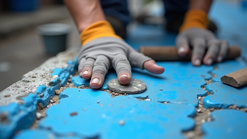 Mano de trabajador tocando adoquín azul reparado, herramientas de restauración en el suelo